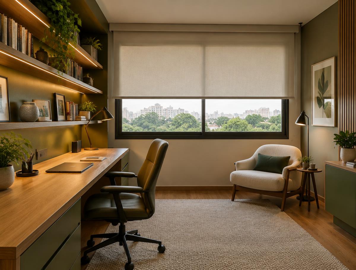 Escritório elegante com iluminação e persianas automatizadas