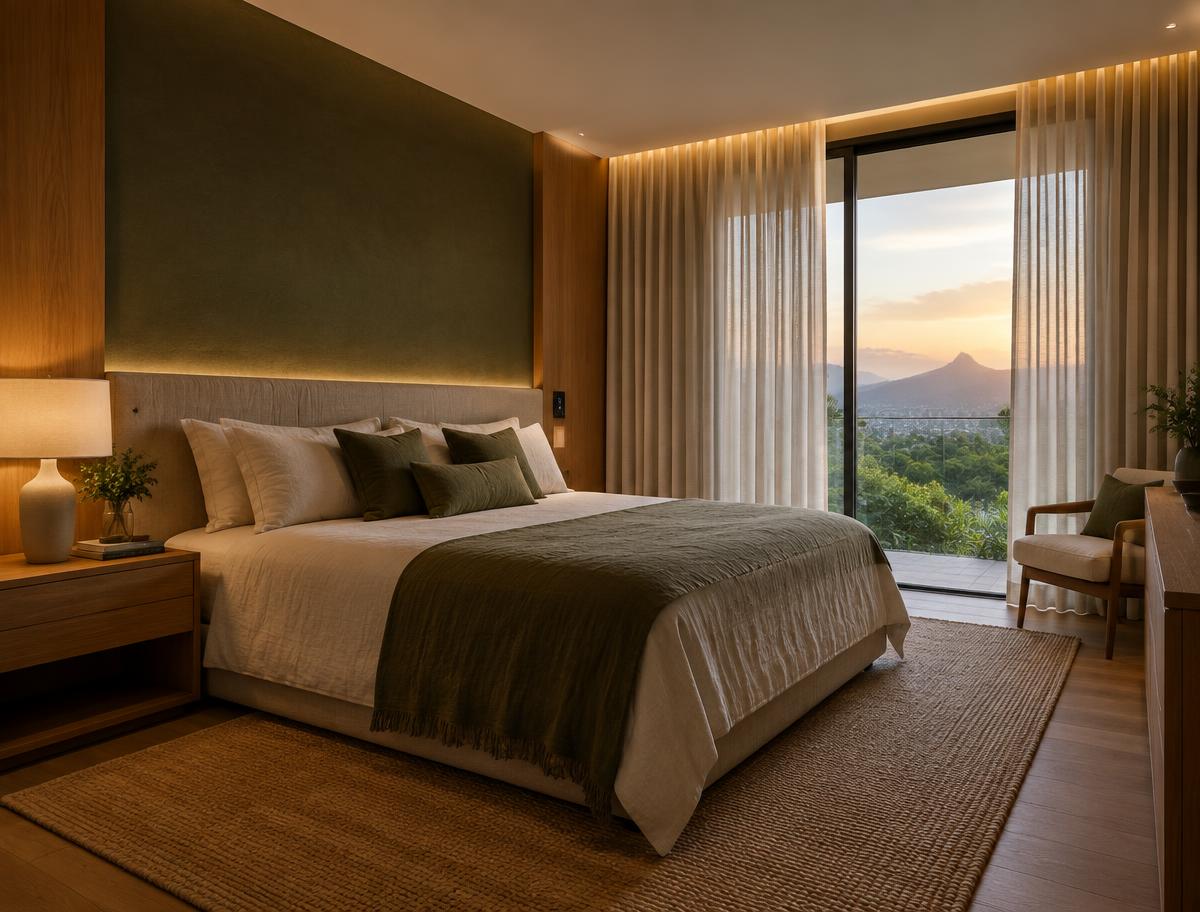 Quarto contemporâneo com iluminação e cortinas automatizadas