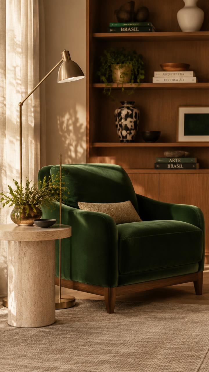 Vídeo: sala contemporânea com poltrona verde e luminária de latão